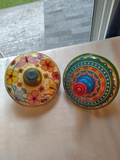 2 Vintage Litho Tin Spinning Tops, Ohio Art  Schyling Both 5" Diameter Colorful