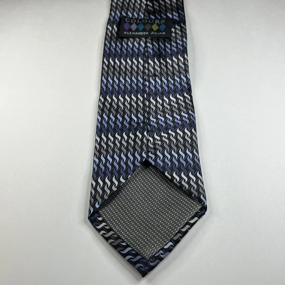 Gravata masculina Alexander Julian Colours 59”L x 4”W prata azul ondas geométricas - Imagem 3 de 4