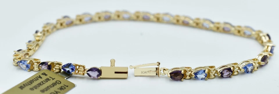 GENUINE  1.92 Cts TANZANITES & AMETHYST TENNIS BRACELET 10k GOLD * New With Tag  - Image 2 of 4