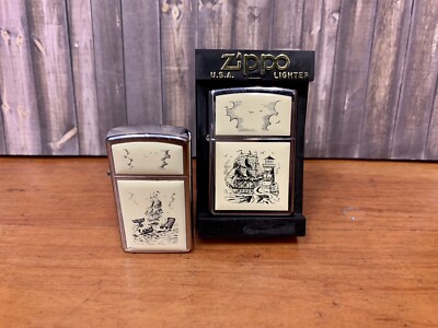 Vintage PAIR Zippo Lighter 2001 & 1990 Slim Scrimshaw Ship Vintage PAIR Zippo Lighter 2001 & 1990 Slim Scrimshaw Ship