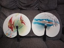 Set of 2 Vintage Chinese Folding Paper Fans - Fish Winter Scene - Metal Frame