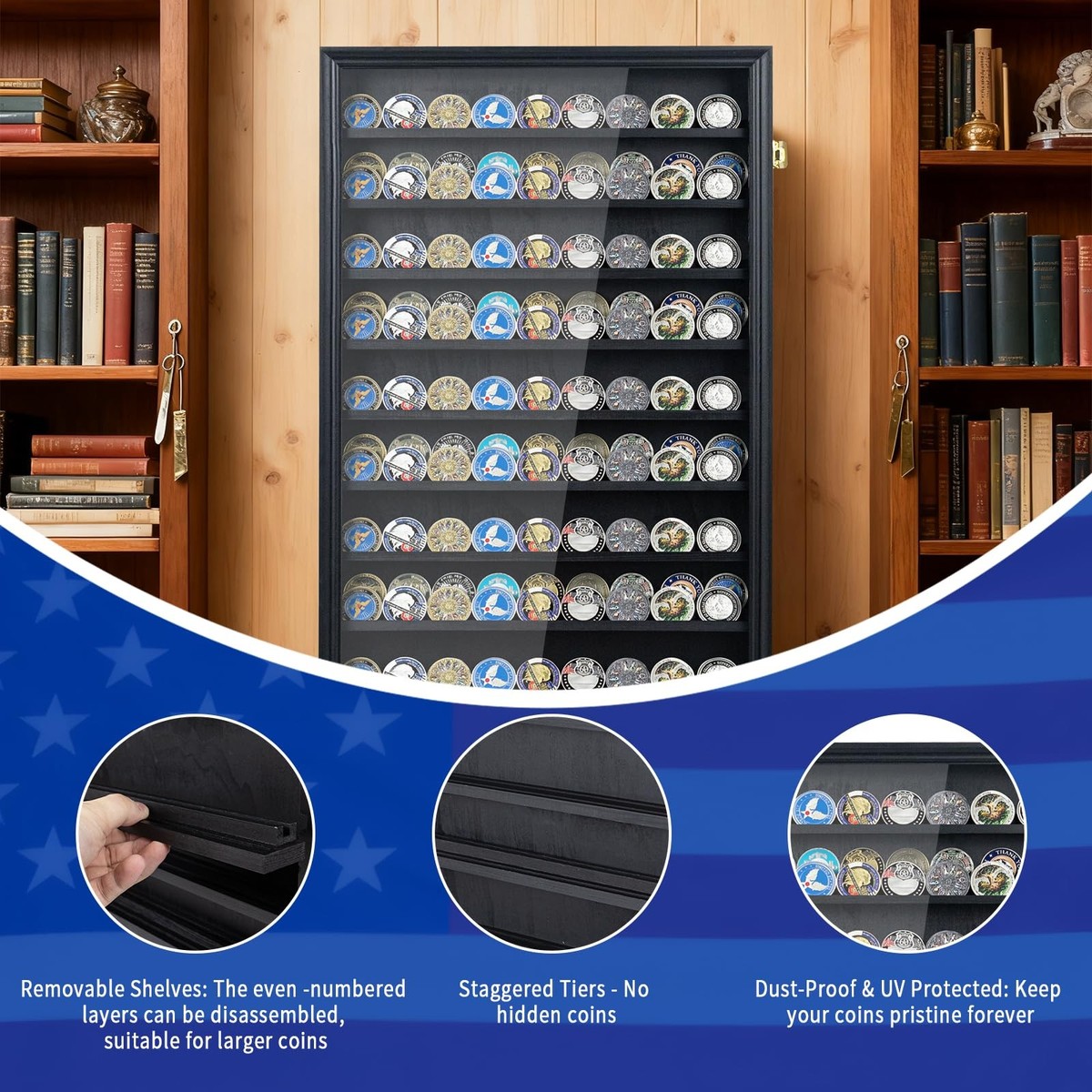 Large 11-Tier Wooden Challenge Coin Display Case, 29.1
