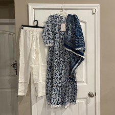 Small Women's Cotton Blue Printed Straight Embroidery Kurta  Palazzo  Dupatta