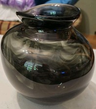 Round, Smooth, Thick, Smoky Gray/Black Glass Vase 6" Tall Rounded Shape Handmade
