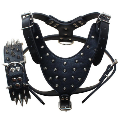 Serijoars Spiked Studded Pu Leather Dog Harness Collar Set For Large Breed Pit