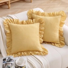 Vintage Mustard Plaid Ruffle Throw Pillow Covers 18x18 inches,Washed Cotton G...