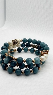 Handmade Natural Blue Chalcedony Gemstone Multi Wrap Bracelet MixW/vintage Beads