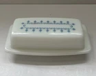 Vtg Pyrex Blue Snowflake Garland Covered Butter Dish w/ Lid White Milkglass USA