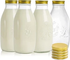 ZOOFOX 4 Pack 32 oz Glass Milk Bottle with Lids, Vintage Clear,Gold 