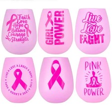 Lot of 6 Pink Breast Cancer Awareness 100 Silicone Wine Cups Dishwasher Safe