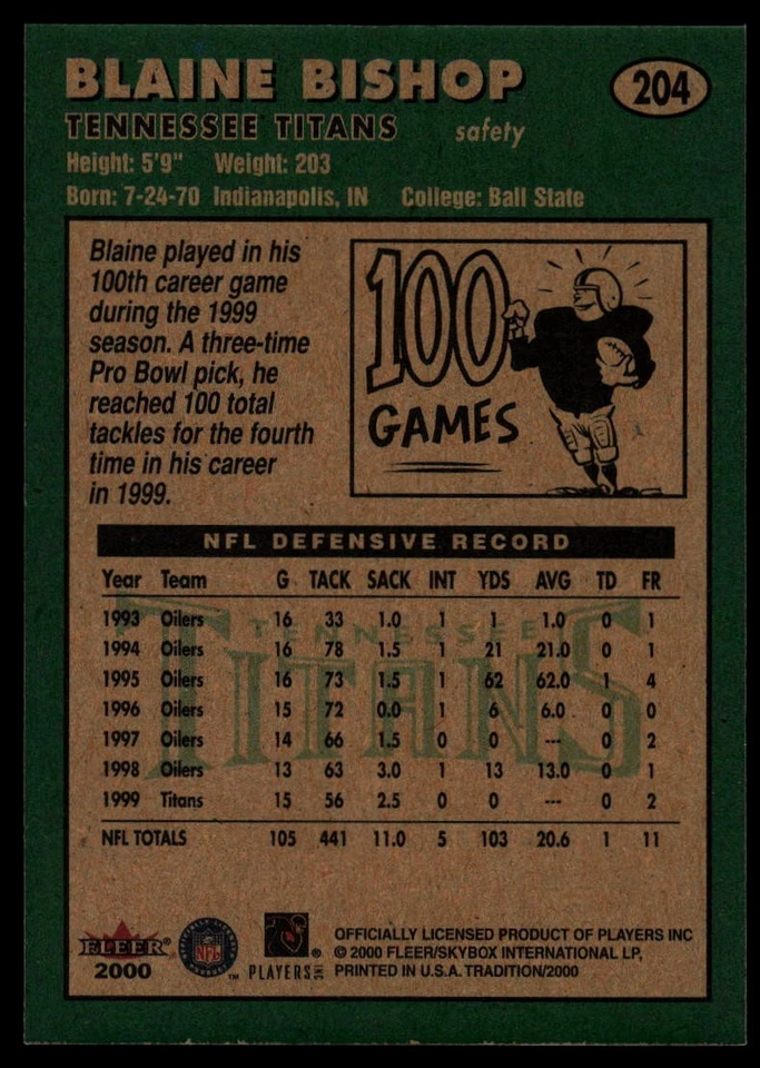 2000 Fleer Tradition #204 Blaine Bishop Tennessee Titans - Image 2 of 2