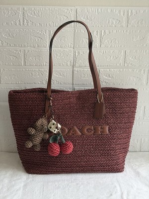 Coach Straw City Tote Large Russet Brown Leather Handles Charm Magnetic Pockets