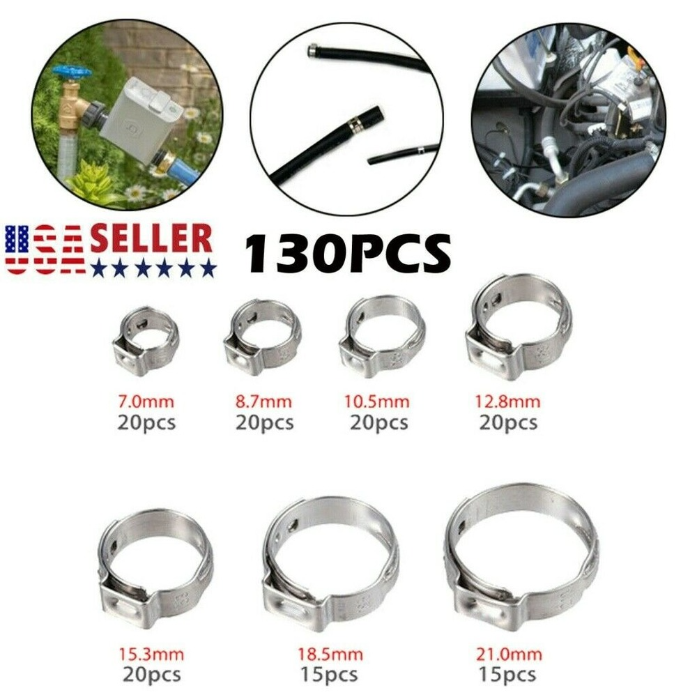 130 PCS Adjustable 7-21mm Hose Clamps 304 Stainless Steel Single Ear Clamp Rings