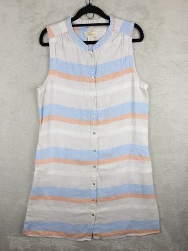 CYNTHIA ROWLEY 100% Linen Dress Womens Size M Medium Sleeveless Striped Pockets