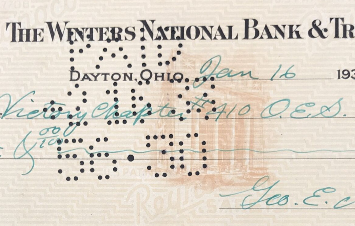 Vintage 1933 Winters National Bank & Trust Dayton OH Ohio Cancelled Check
