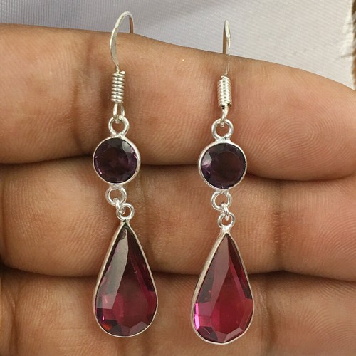 925 Sterling Silver Ruby & Amethyst Gold / Rose Plated Earrings Gift - Picture 7 of 9