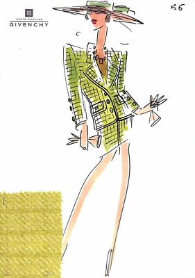 Givenchy Haute Couture Paris No 6 Fashion Illustration w/ Fabric Swatch