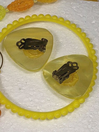 Orange Yellow Jewelry Long Necklace Chandelier & Button Earrings Bracelet 1980s - Picture 8 of 13