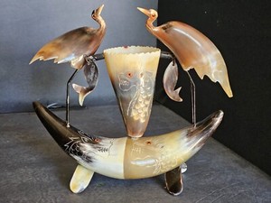 Carved Horn Art Birds and Fish
