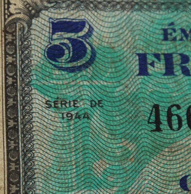 Group of 7 WWII Military Currency Notes - American, German, and French - Image 3 of 4