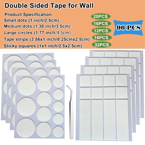 96PCS Double Sided Tape for Walls, Mounting Tape, Picture Hanging Strips