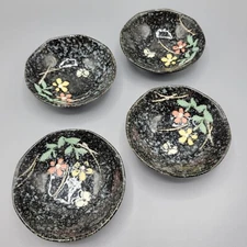 Set Of 4 Japanese Black Floral Ceramic Bowls Ruffle Edge