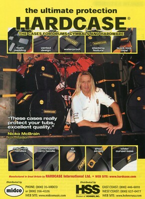 2003 Print Ad of HSS Hohner Hardcase Drum Cases w Nicko McBrain of Iron Maiden