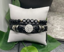 2 PC Volleyball Mama Bead PU Leather Bracelet Stackable Adjustable Tie New B3117