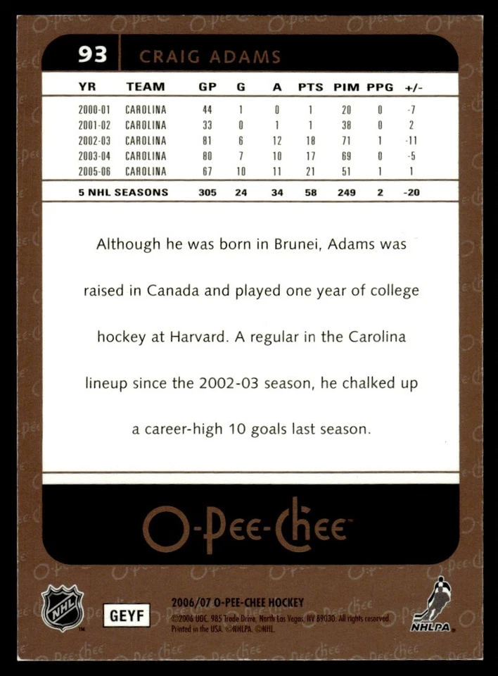 2006-07 O-Pee-Chee Rainbow Craig Adams /100 Carolina Hurricanes #93 - Image 2 of 2