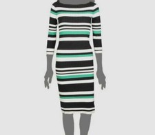 $145 Ralph Lauren Womens Green Striped 3/4 Sleeve Boat-Neck Sweater Dress Size M