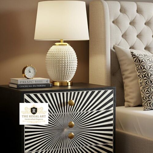 Bone Inlay, Nightstand Table, Bedside Table 3 Drawers Black Living Room Furnitur - Picture 3 of 7