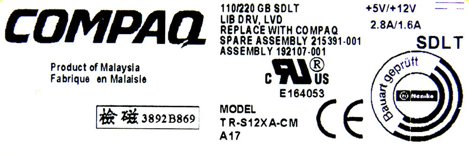 Original Streamer Compaq 215391-001 Sdlt 110/220GB TR-S12XA-CM SCSI - Image 3 of 3