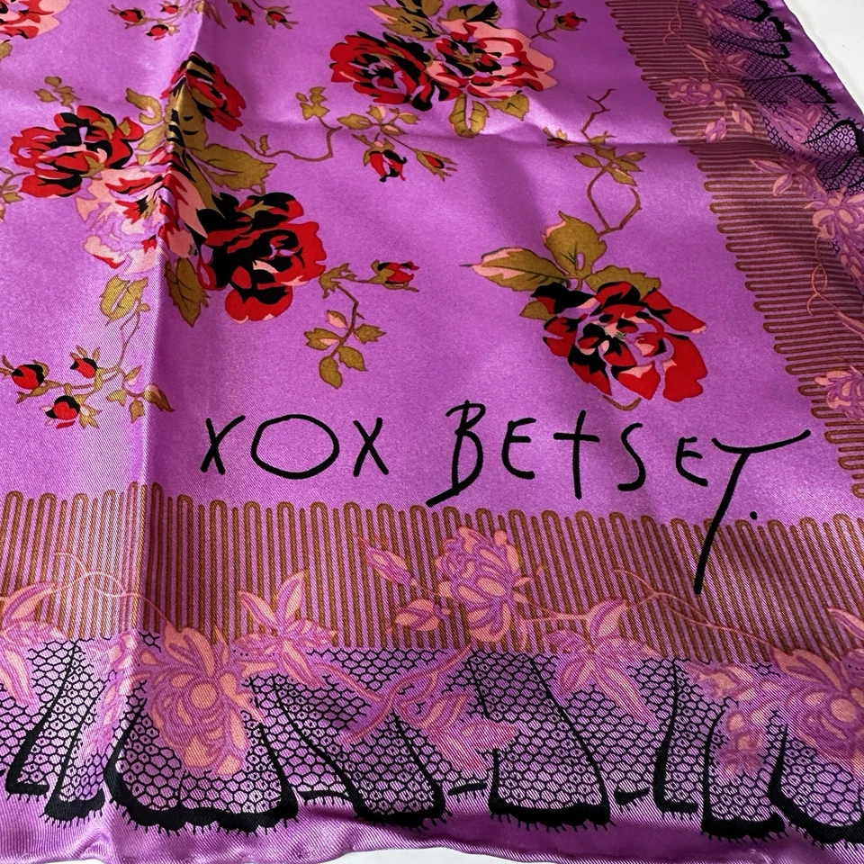Betsey Johnson Scarf Silk Square Flower Purple Red Rose 34 Inches - Image 2 of 4