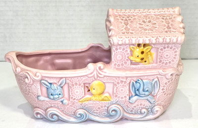 Vintage Napcoware Noah's Ark Pink Boat Planter Ducky Lamb Turtle Bear EXCELLENT