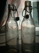 Antique Pair M.J. FINNIGAN 196-198 FRONT ST-WORCESTER, MASS. Blob Beer Bottles