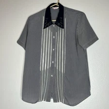 Garshun Women’s Top, Vertical Striped Embroidered Collar Button Up Vtg Style L