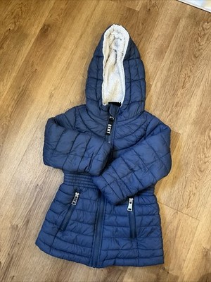 DKNY Kids Faux Fur Jacket Girls Size 4T Blue Hooded Full Zip Long Sleeve Coat