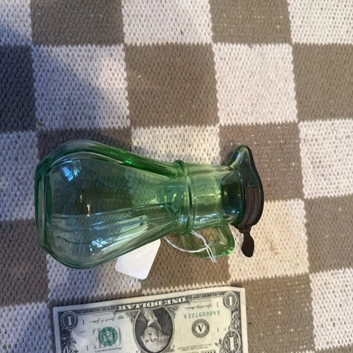 Vintage Uranium Depression Green Syrup Jar with Handle Hazel Atlas Glass 6"