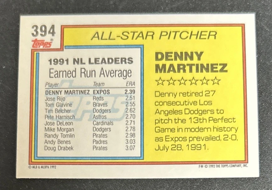 1992 Topps Denny Martinez All-Star Baseball Card #394 Expos Pitcher VG O/C - Image 2 of 2