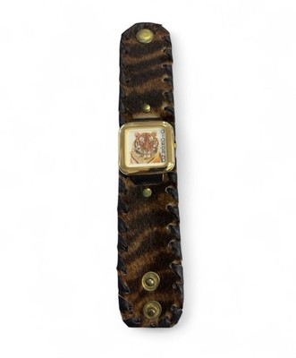 Vintage Giordano TIGER Watch Fur Leather Bracelet Animal Print Gold Tone Quartz