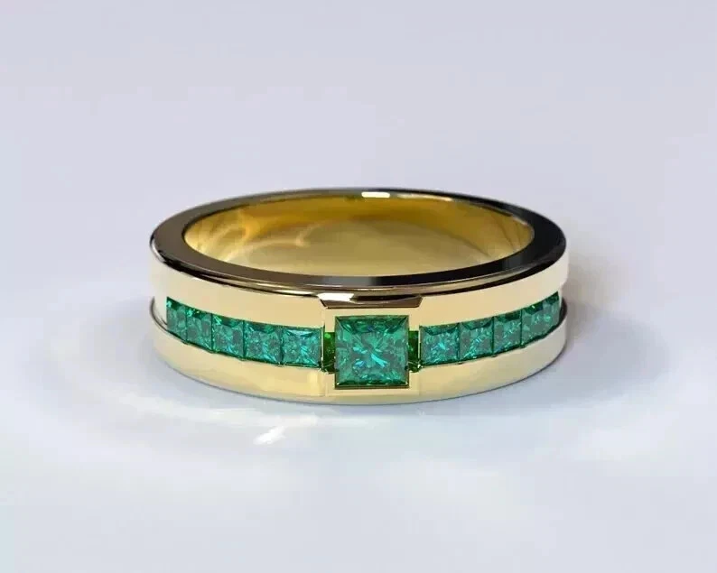 Alianza de boda enchapada en oro amarillo de 14k de 3,50 quilates princesa esmeralda anillo para mujer Foto 3 de 4