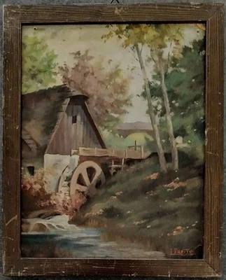 Tableau signé L. Protto "Moulin à eau près du Pont" HSC. 1900 - Photo 1/4