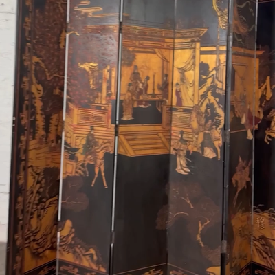 Chinese 8 Panel Black Coromandel Folding Screen w/Gilded & Hand