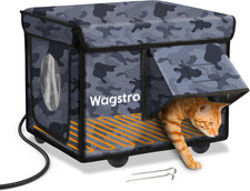 Heated Black Camo Outdoor Cat House with Waterproof Awning  Escape Door