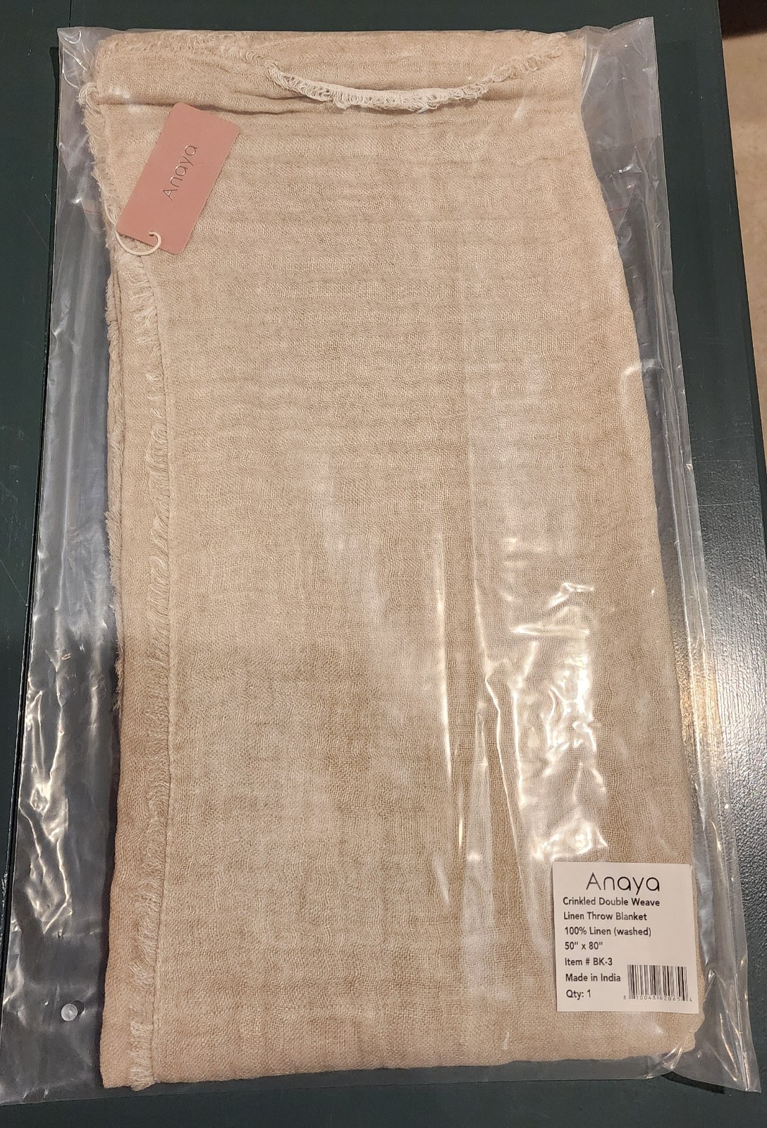 Anaya Crinkled Double Weave Linen Throw 50x80 Taupe/beige Blanket