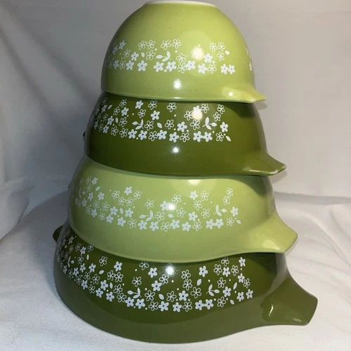 Pyrex Green & Lime Spring Blossom Crazy Daisy Cinderella bowl set 441-444 (b)