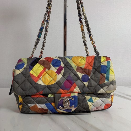Chanel Classic Flap Medium Multicolor Satin Silver HW Shoulder Bag Preowned Auth