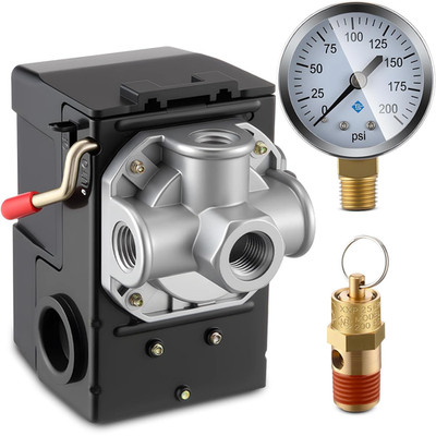 Air Compressor Pressure Switch 135-175 4-Port 20 Amp with 0-200 PSI Gauge and 20