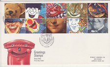 GB Stamps First Day Cover Greetings Smiles 20p, moon, bear, clown, art SHS 1990