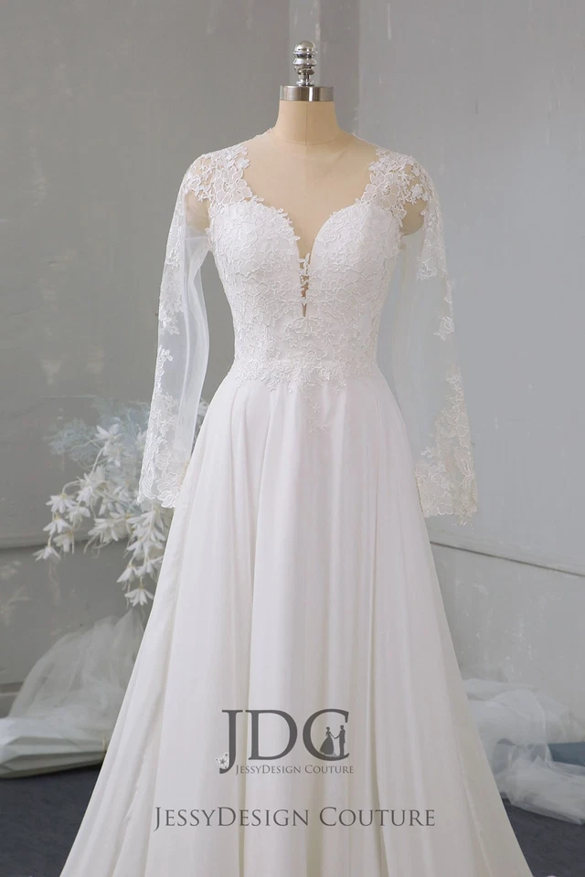 Einfaches Langarm Chiffon Spitze Brautkleid Hochzeitskleid Maßgeschneidert n.Maß - Bild 3 von 4